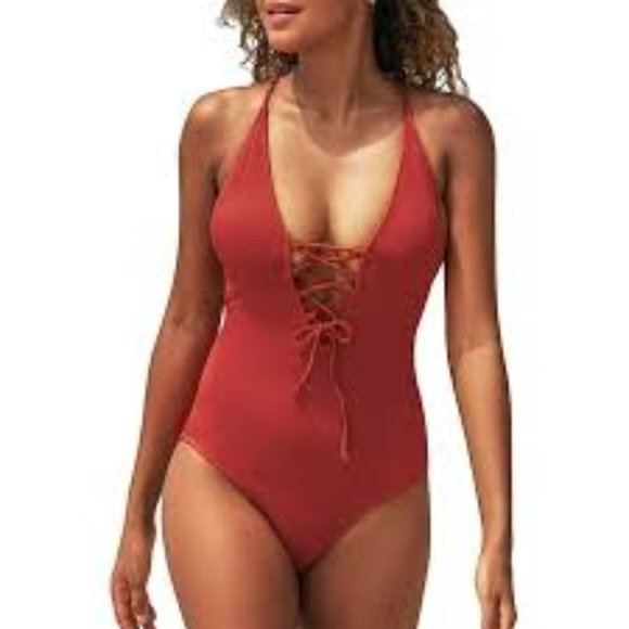 Cupshe red one-piece swimsuit lace-up front XL fits L - Picture 3 of 4